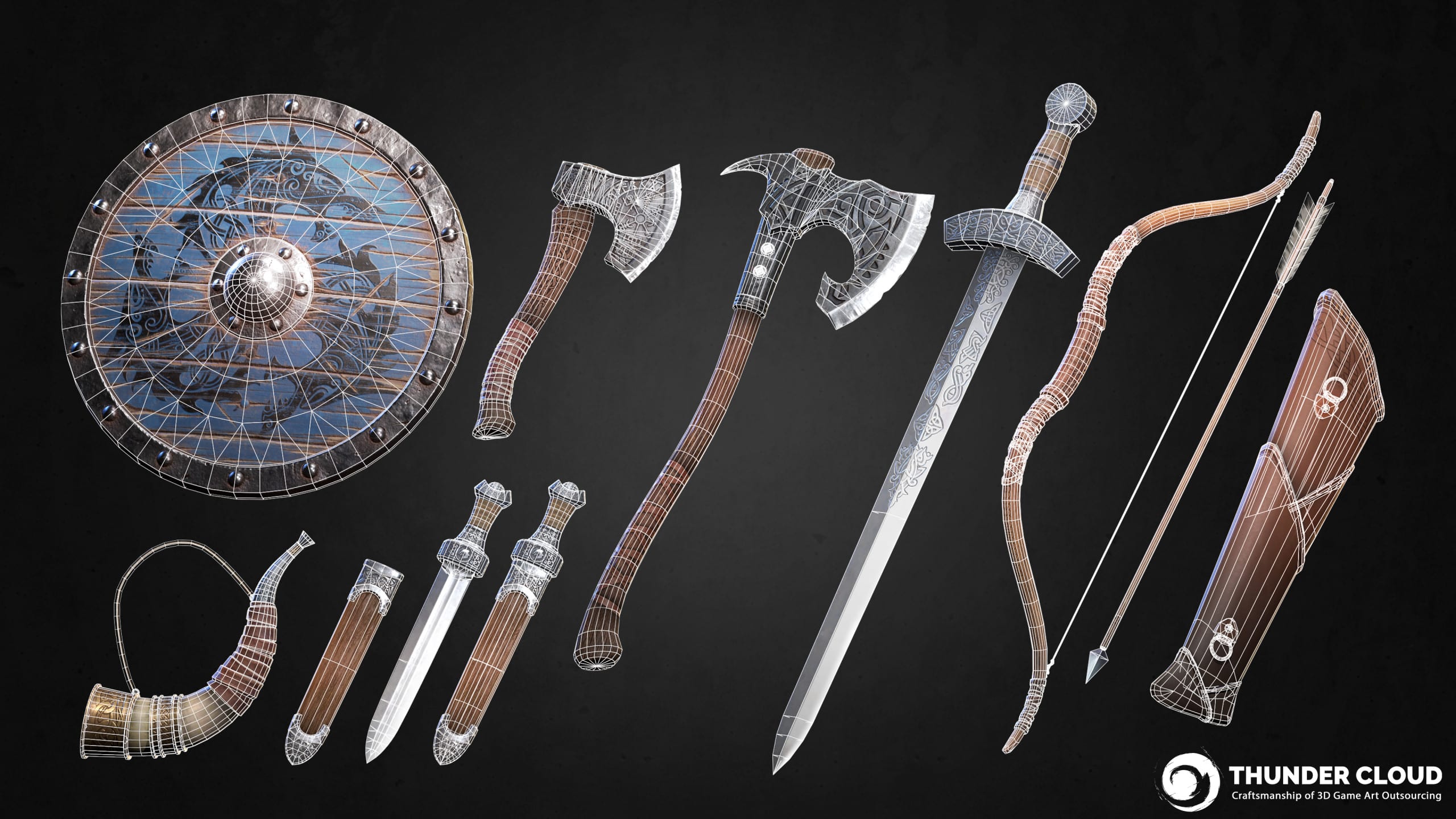 Weapon_MainIMG_ColorWireframe_002 3D Weapon Model AA+ Viking set