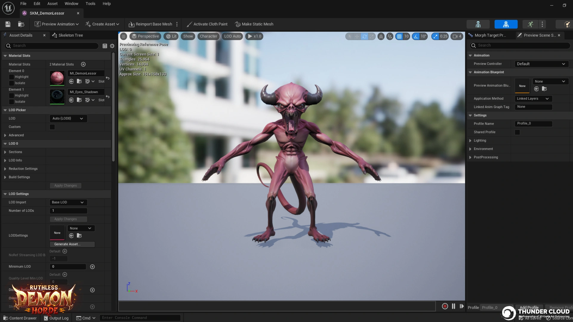 DemoLessor_In-engine_Testing Stylized 3D Demon Lesser character tested in Unreal Engine 5 to verify animation and mesh optimization.