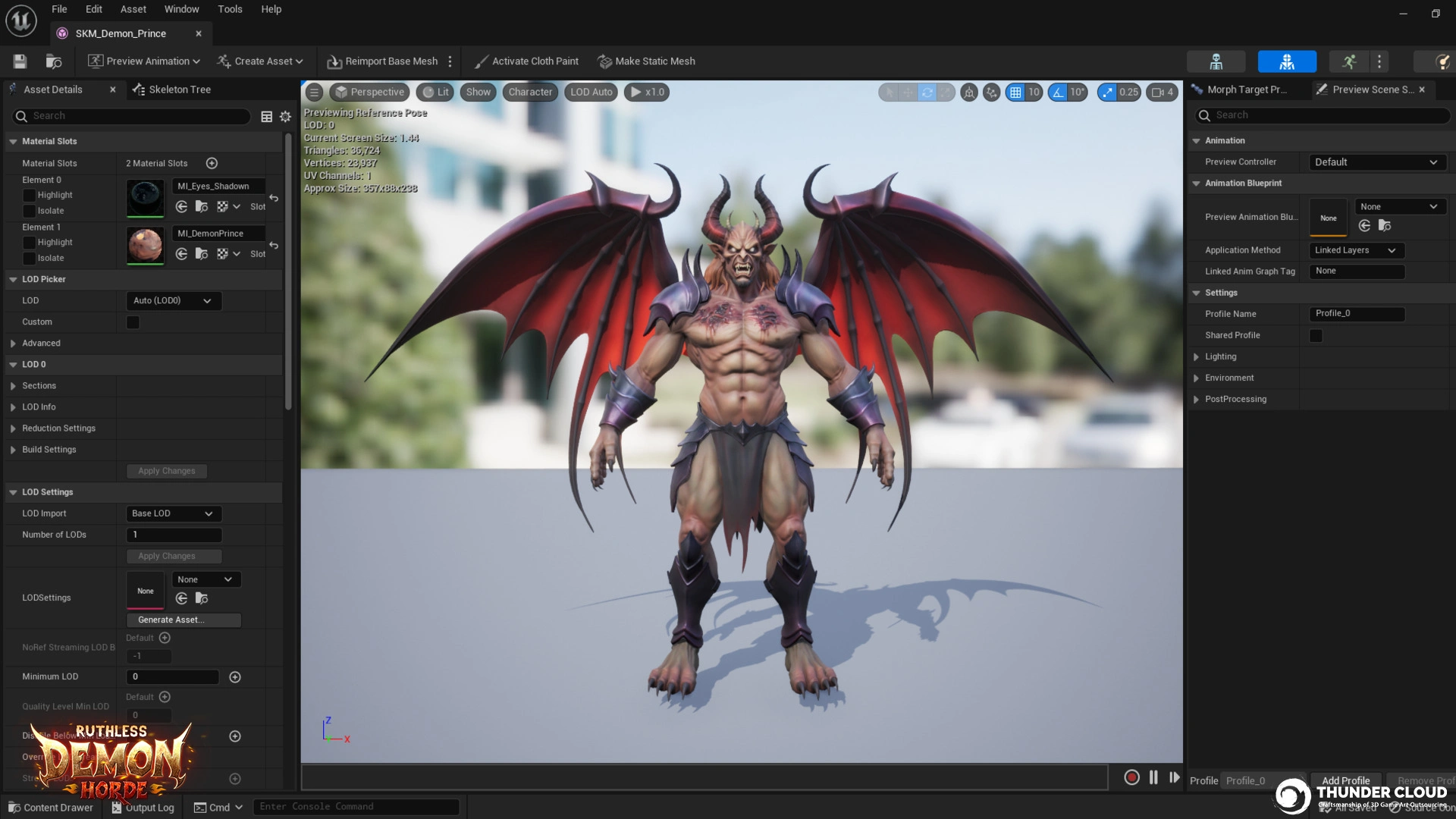 DemonPrince_In-Engine-Test Stylized 3D Demon Prince character validated in Unreal Engine 5 for visual quality and animation performance.