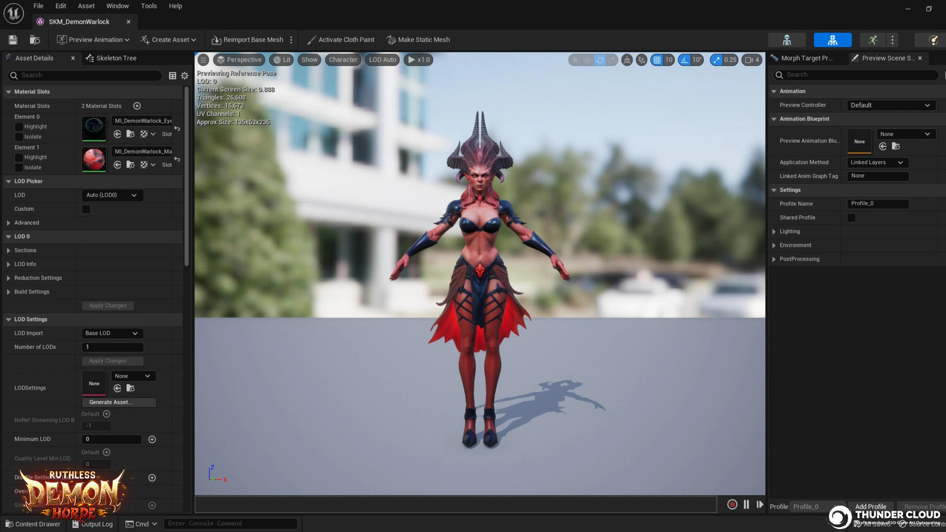 DemonWarlock_In-Engine_Test Stylized 3D Demon Warlock character tested in Unreal Engine 5 for rigging and visual performance accuracy.