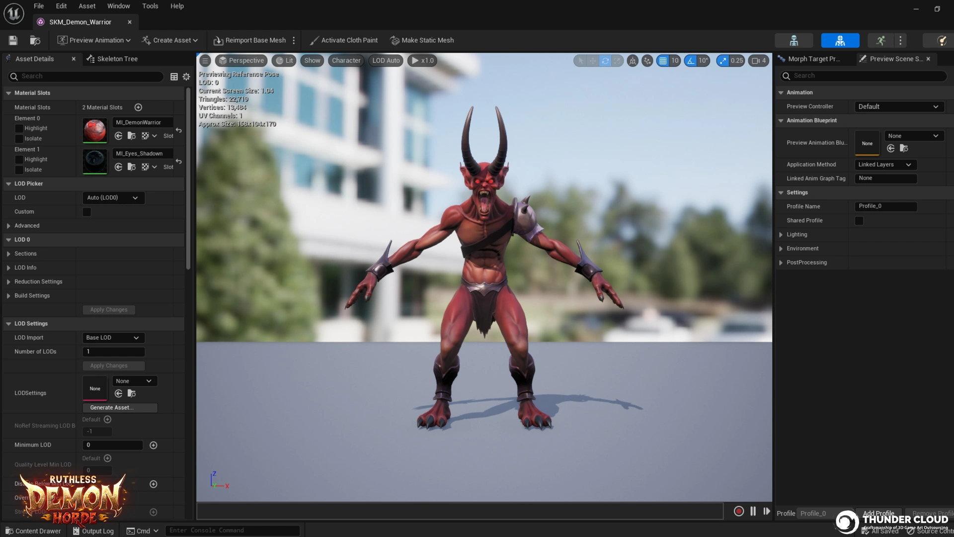 DemonWarrior_In-Engine-Test Stylized 3D Demon Warrior character tested in Unreal Engine 5 for animation and material accuracy.