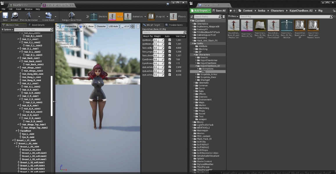 3d-character-animation-tested-in-engine 3D animation service character rig and animation tested in engine in Unreal Engine, showing a stylized female character, skeleton hierarchy, morph targets, and animation assets.
